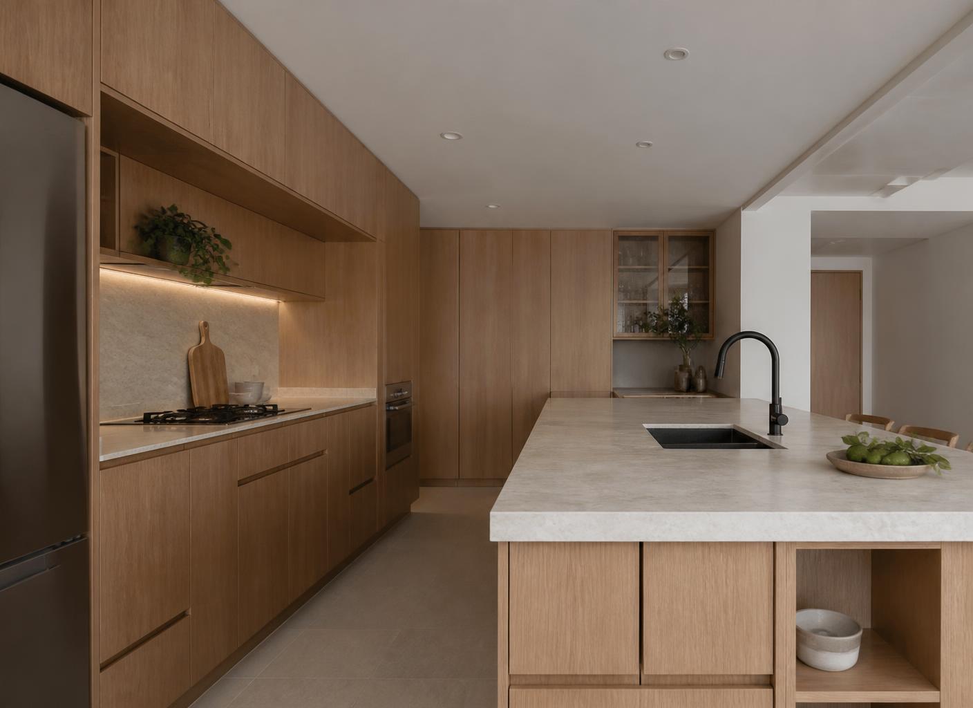 Cozinha planejada em madeira clara com ilha e bancada mineral