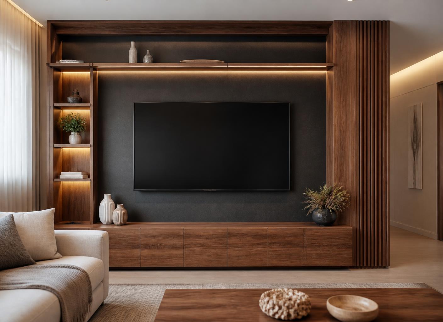 Sala com painel planejado em madeira e iluminação integrada